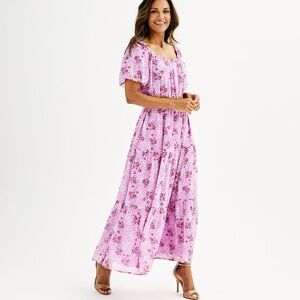 Draper James RSVP Pink Floral Short Sleeve Tiered Maxi Dress Small